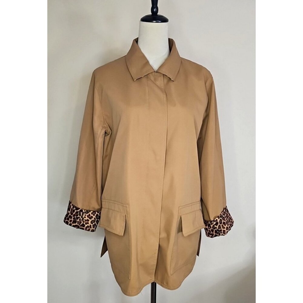 Dennis Basso Womens Sz M Microfiber Jacket Leopard Lining Water Resistant A45651